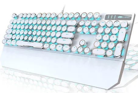 Camiysn Typewriter Style Mechanical Gaming Keyboard, White Retro Punk Gaming Keyboard with Blue Backlit, 104 Keys Blue Switch Wired Cute Keyboard, Round Keycaps for Windows/Mac/PC