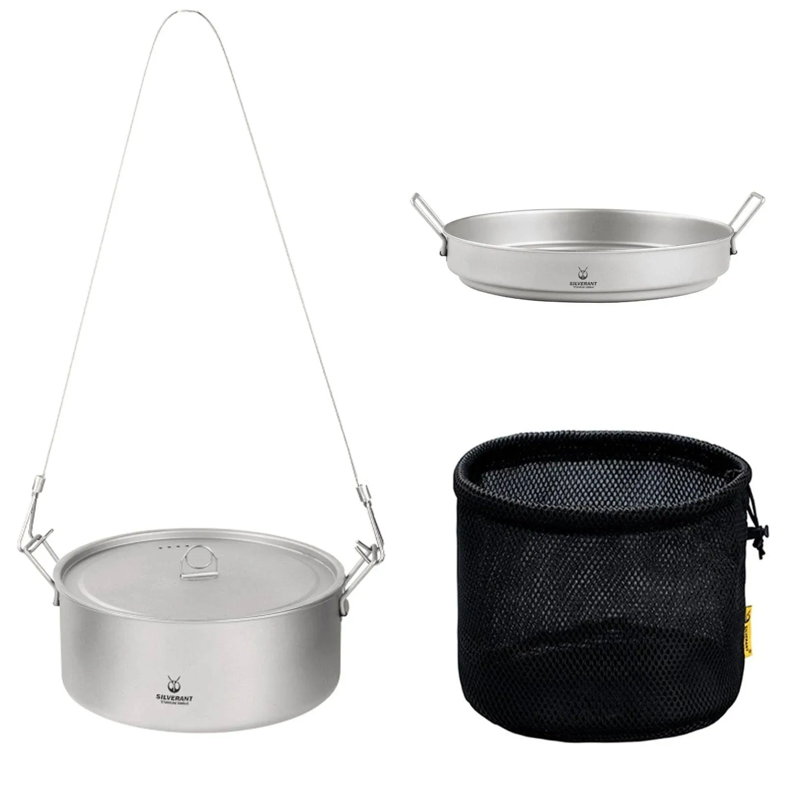 Ultralight Titanium Large 2-Piece Pot & Pan Camping Cookware Set, Lightweight Titanium Camping Pot Mug with Hanger/Retractable Handles and Mesh Drawstring Bag