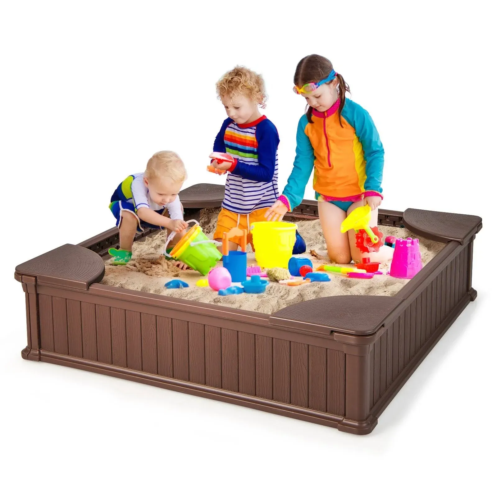 Costway Kids Outdoor Sandbox Large HDPE Children Sandpit with Oxford Cover Brown