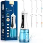 Cordless Water Dental Flosser for Teeth - 350ML Portable and Rechargeable Oral Irrigator with 5 Modes 6 Replaceable Tips - IPX7 Waterproof Powerful Battery Life Water Dental Picks for Travel Home Use