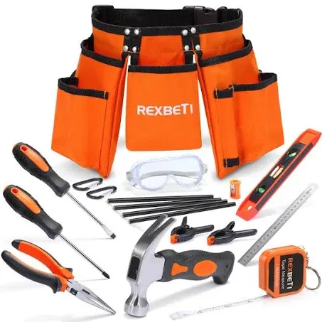 REXBETI 18pcs Young Builder's Tool Set with Real Hand Tools, Reinforced Kids Tool Belt, Waist 20"-32", Kids Learning Tool Kit for Home DIY and Woodworking