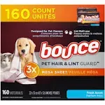 BOUNCE Pet Hair &amp; Lint Guard MEGA Dryer Sheets - 3X Pet Hair Fighter ~ 160 Count