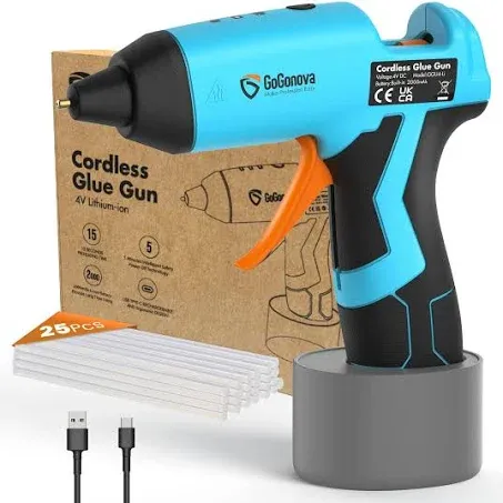 GoGonova Cordless Hot Glue Gun, 15s Fast Preheating with 2Ah Built-in Battery Hot Melt Glue Gun, Smart Power-Off, Kit with 25 Pcs Premium Mini Glue Sticks and USB-C Charging Port