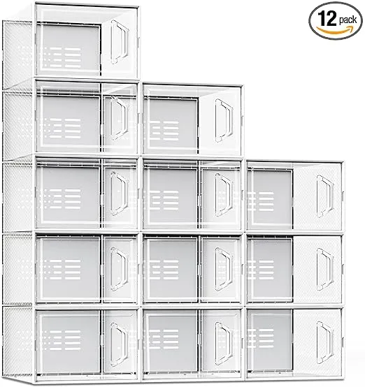 SEE SPRING XX-Large Shoe Storage Box Fit Size 13, Clear Plastic Stackable Shoe Organizer for Closet, Space Saving Sneaker Shoe Rack Containers Bins Holders for Entryway, Under Bed, 12 Pack Clear