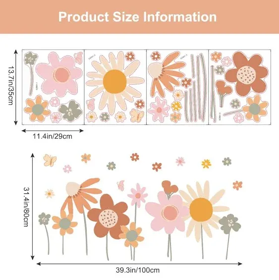 Supzone Colorful Flower Wall Stickers Boho Retro Flowers Wall Decals Large Vintage Floral Wall Art Sticker for Bedroom Living Room TV Wall Office Wall Decor Home Decoration