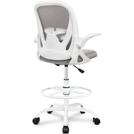 Primy Ergonomic Drafting Chair with Flip-up Armrests for Standing Desk - Tall Office Chair with Lumbar Support and Adjustable Footrest Ring（Gray）