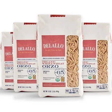 DeLallo Whole Wheat Orzo Pasta, 1 Pound Bag, 4 Pack, Organic, 100% Durum Wheat Flour, Made in Italy, High Protein