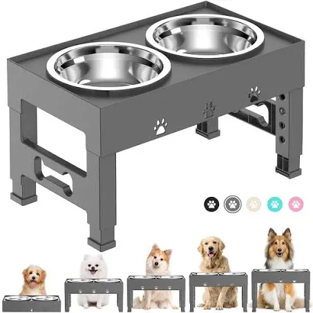 Elevated Dog Bowls with 2 Stainless Steel Dog Food Bowls 5 Height Adjustable Raised Dog Bowl Stand Non-Slip Dog Feeder Adjusts to 3.1”, 9”, 10”, 11”, 12” for Medium Large Dogs - Gray