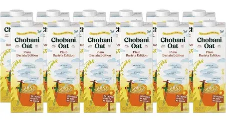 Chobani Oat Milk, Plain Oat Barista Edition, Shelf Stable Non Dairy Milk, Creamer, Vegan Friendly, Gluten-Free, 32 FL OZ (Pack-12)