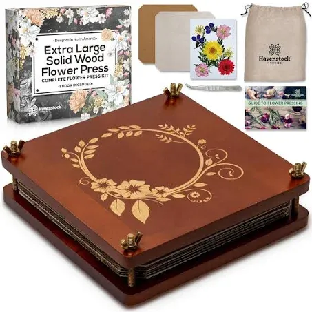 Large Wooden Flower Pressing Kit with Dried Flowers - 10 Layers - DIY Solid Maple Arts and Crafts for Adults with Storage Bag - 10x10 inches