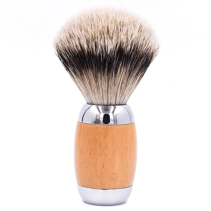 Taconic Shave Wood &amp; Chrome Handle Handmade Silvertip Badger Shave Brush &amp; Stand