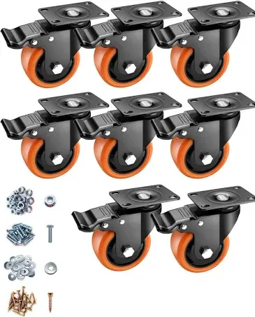 Casters, 3" Caster Wheels，Casters Set of 8 Heavy Duty - ASRINIEY Orange Polyurethane Castors, Top Plate Swivel Wheels, 8-Pack Industrial Casters with Brake, Locking Casters for Furniture and Workbench