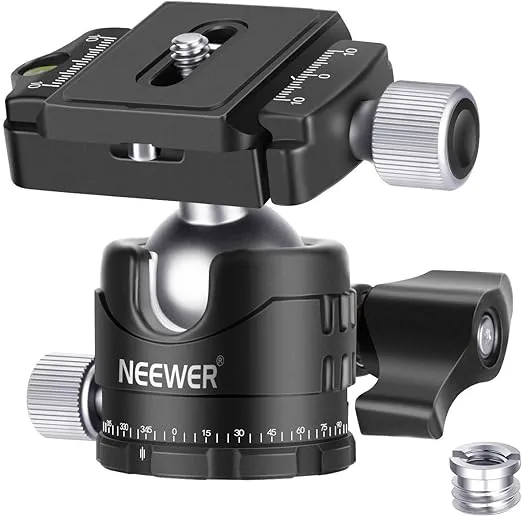 NEEWER Kugelgelenk, professionell, 28 mm, niedriges Profil, Panorama-Rotation um 360 ° und 2 Verriegelungsknöpfe, QR-Platte Typ Arca 1/4 Zoll und Wasserwaage für Stativ/Kamera, max. Belastung: 5 kg