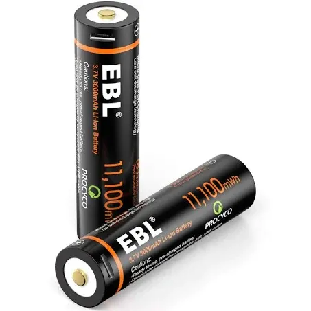 EBL 3.7V Li-ion Rechargeable Batteries 3000mAh 18J Rechargeable USB Lithium Battery for Flashlights, Headlamps, Doorbells, RC Cars (2 Pack)