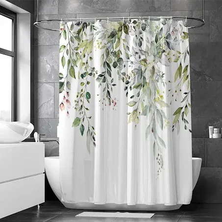 Muuyi Shower Curtain, Waterproof Green Stall Shower Curtain, 3D-Printing Washable Small Shower Curtains for Bathroom, Floral Plant Leaf Shower Curtain with 12 Hooks 36 x 72 Inches