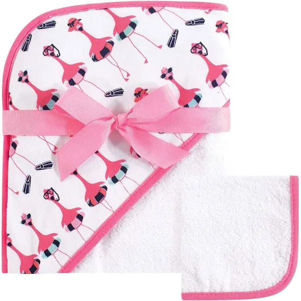 Hudson Baby Cotton Hooded Towel and Washcloth, Fancy Flamingo