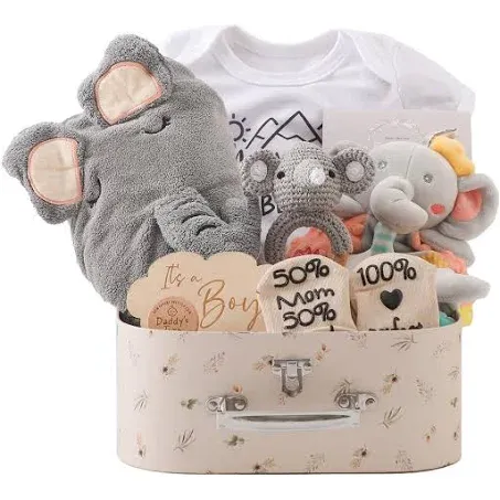 bopoobo Baby Shower Gifts for Boys,New Born Baby Gifts for Boys,Unique Baby Gifts Basket Essential Stuff,Gender Reveal Gifts,Onesie,Blanket,Rattle, Lovey,Socks,Gift Card,Decision Coins,Milestone