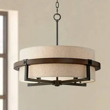 Possini Euro Design Pendant Light Fixture - 4 Light, Bronze and Wood Tan Fabric Drum Shade, Contemporary Pendant Light for Kitchen Islands, Living Rooms, Foyers, and Bedrooms - 22" Wide, 18" High