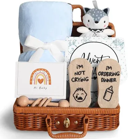 Baby Shower Gifts, New Born Baby Gifts for Boys, Unique Baby Gifts Basket Essential Stuff - Baby Lovey Blanket Newborn Bibs Socks Wooden Rattle & Greeting Card, Newborn Baby Gift Set