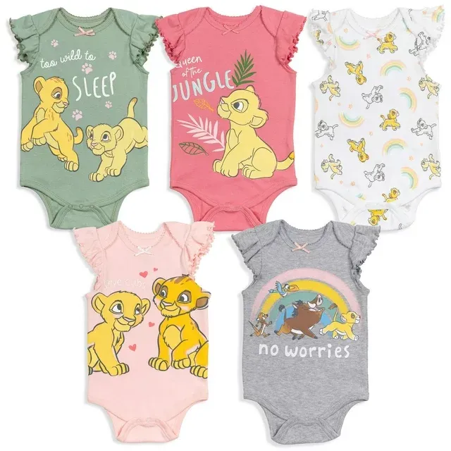 Disney Lion King Simba Nala Newborn Baby Girls 5 Pack Bodysuits Newborn to Infant