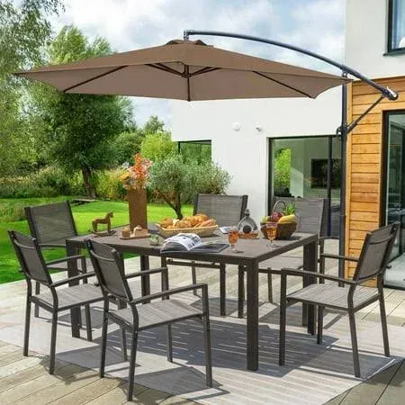 Devoko 7 Pieces Patio Conversation Set, Patio Dining Set Outdoor Furniture Set 6 Stackable Textilene Armchairs with Rectangular Table, Light Gray