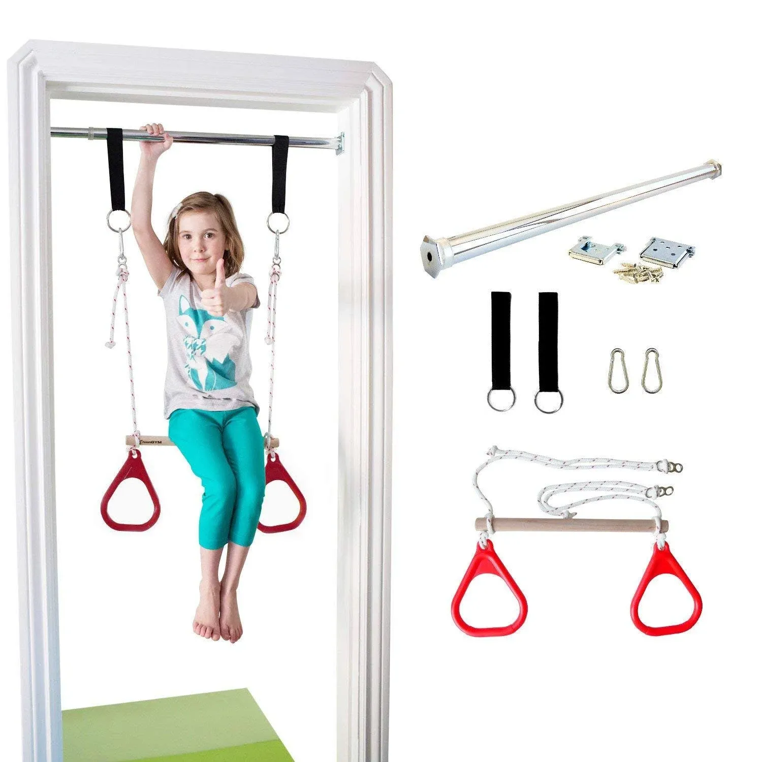 DreamGYM Doorway Swing for Kids Indoor - Trapeze Bar and Red Gymnastic Rings Combo