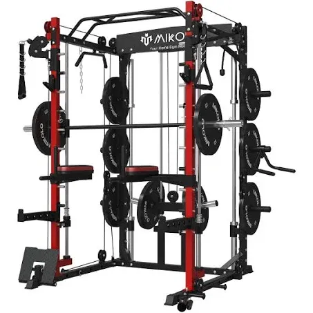 Mikolo Smith Machine with Weight Bar and 8 Weight Storage Pin, 2000 Pounds Capacity Multi-Function Power Cage Squat Rack with Cable Crossover, T-bar Row Attachment and Other Attachments