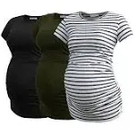 Smallshow Women's Short Sleeve Maternity T Shirts Side Ruched Pregnancy Tunic 3-Pack