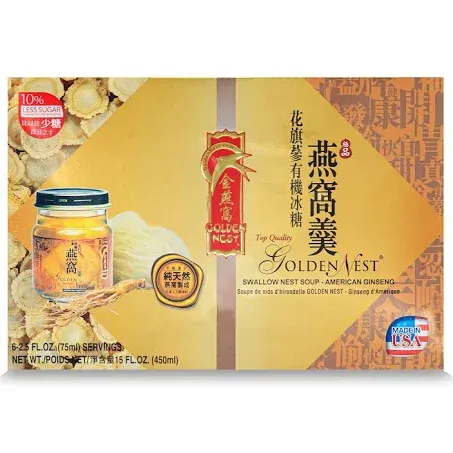 Golden Nest Premium Bird Nest Soup, Swallow Bird Nest 100% Natural - Made in USA, (燕窩) 6 bottles x 75ml (2.5 oz.) (1 box = 6 bottles x 75ml, Ginseng)