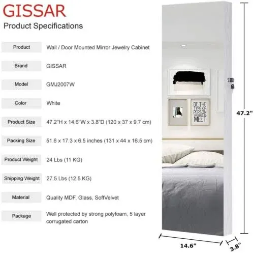 GISSAR Full Length Mirror Jewelry Cabinet, 6 LEDs Jewelry Armoire Wall Mounted Over The Door Hanging, Jewelry Organizer Storage with Lights Lockable White