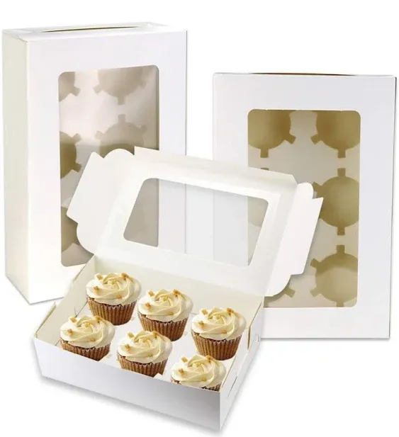 Pralb 20Pack White Cupcake Boxes with Inserts 6 Holders,White Standard Bakery Boxes with Pvc Window,Cupcake Containers Bakery Cake Box,Auto-Popup Cupcake Containers Carriers Bakery Cake Box(9x6x3inch)