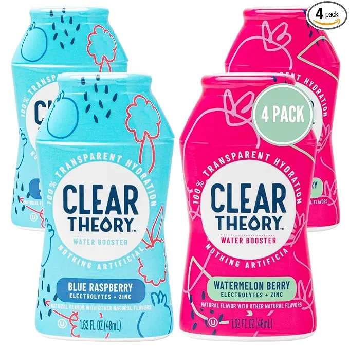 Clear Theory Water Flavoring Drops with Electrolytes, Water Enhancer Liquid Flavored Water Drink Mix, Hydration for Kids, Vegan, Gluten Free, Low Calorie (Blue Raspberry & Fruit Punch)