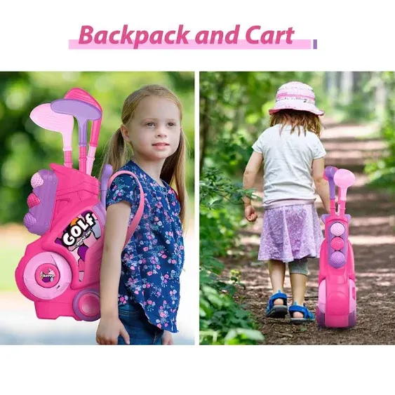 Liberry Toddler Golf Set with Putting Mat for 2 3 4 5 Years Old Boys Girls, Upgraded Kids Golf Cart with Unique Shoulder Strap Design, Indoor and Outdoor Golf Toys Gifts (Pink)