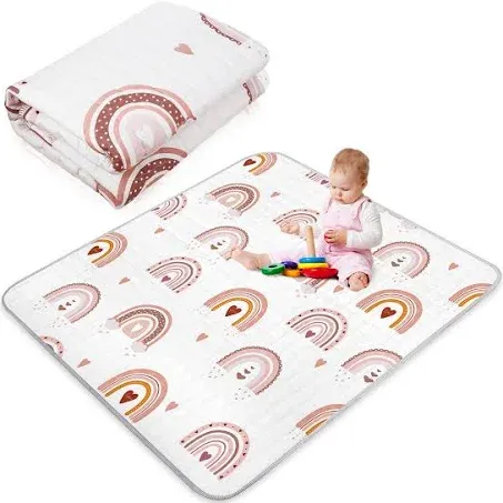 Boho Rainbow Portable Baby Play Mat, 43 x 43 Inch Washable Foldable Crawling Mat, Non Slip Playmat for Babies, Kids Play Mats Pad for Floor Playpen Toddler Infants Tummy Time Activity