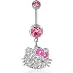 Hello Kitty Sanrio 14g Stainless Steel (316L) Piercing Element Dangle Belly Button Ring - Pink Crystal - Silver Tone, Pink