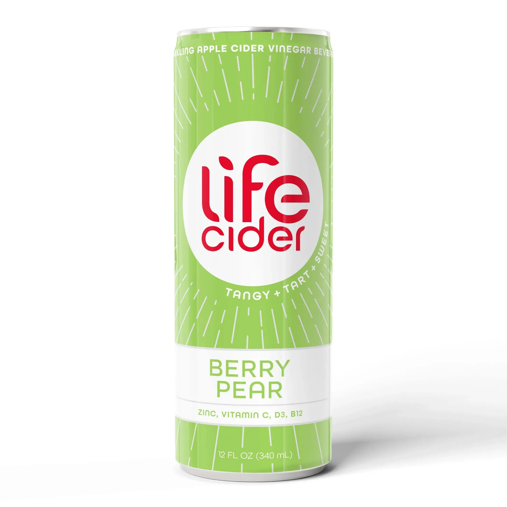 Life Cider | 12 Pack (12 Fl Oz) | Berry Pear | Sparkling Apple Cider Vinegar Beverage | Aids Digestion & Immune System | Vitamin C, D3, Zinc, B12