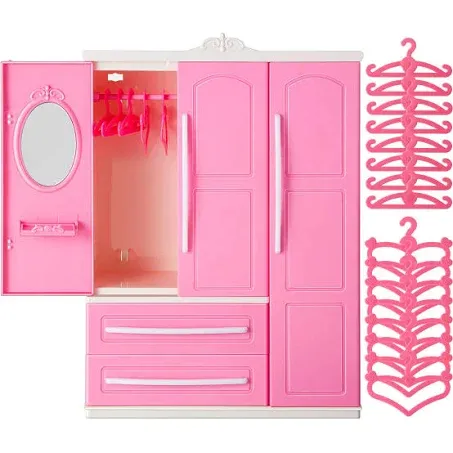 Doll Closet Furniture Wardrobe Clothing Organizer Doll Open Wardrobe Dollhouse Closet Pink Plastic Hangers Dollhouse Furniture Accessories