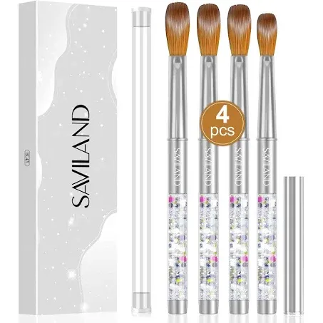 Saviland Kolinsky Acrylic Nail Brush Set - 4PCS Professional Acrylic Nail Brushes for Acrylic Application, Size 6/10/12/14 Acrylic Powder Brushes for Acrylic Nails Extension & 3D Nail Carving