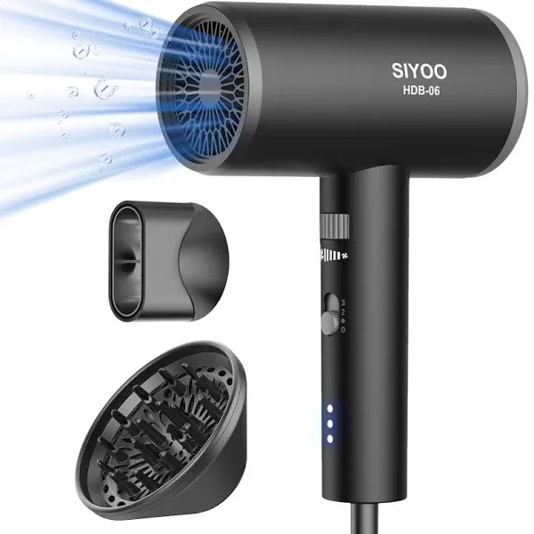 SIYOO Hair Dryer, Professioneller Ionen-Haartrockner mit Diffusor und Düse, 1600 Watt Negative Ionen Salon Light Haartrockner