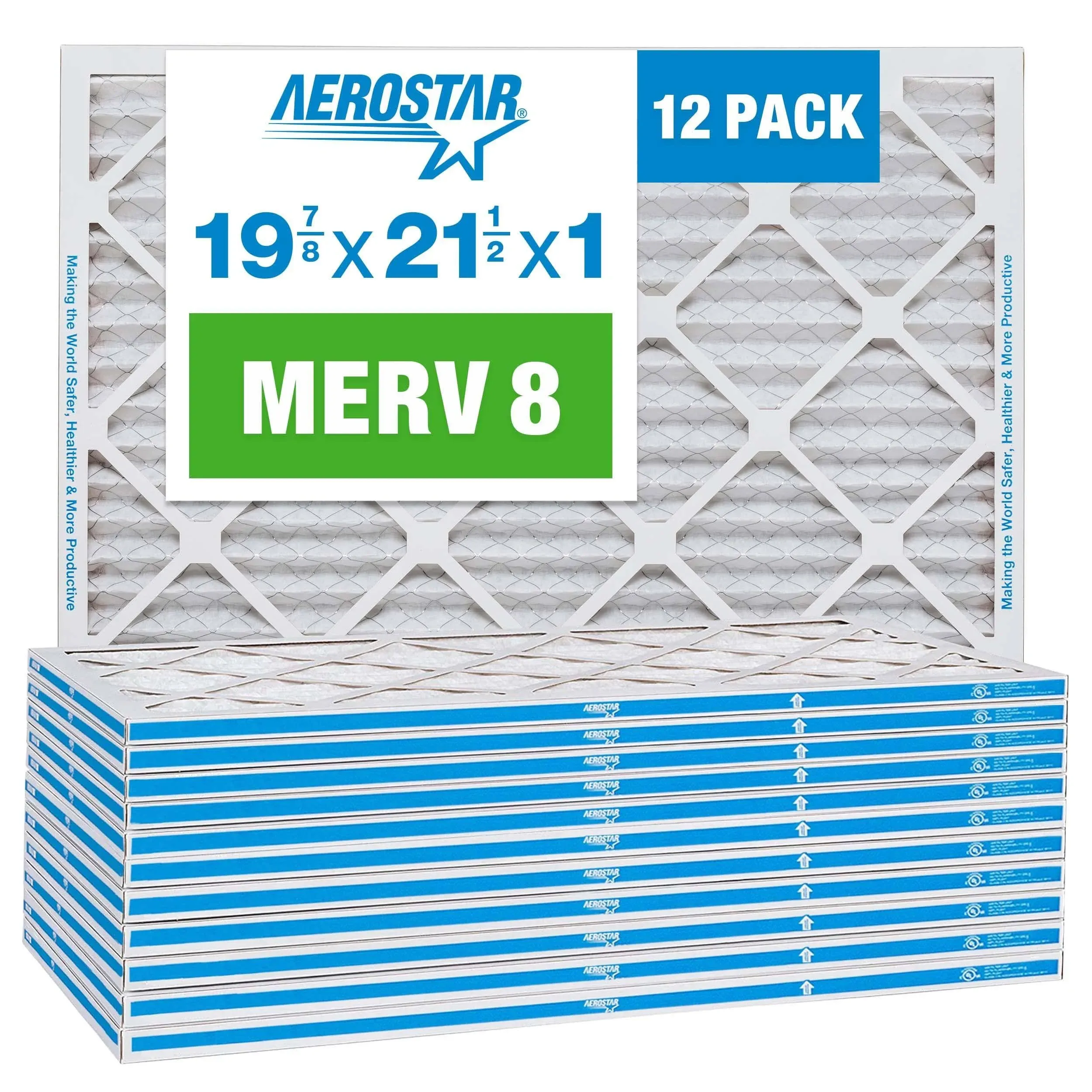 Aerostar 19 7/8x21 1/2x1 MERV 8 Pleated Air Filter, AC Furnace Air Filter, 12 Pack (Actual Size: 19 7/8" x 21 1/2" x 3/4")