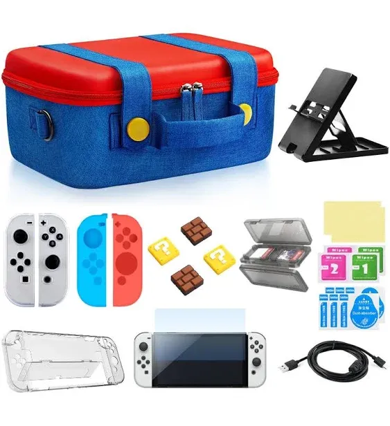 Funlab Switch Carrying Case for Nintendo Switch/OLED & Accessories with 14 Games Holder-Red & Blue