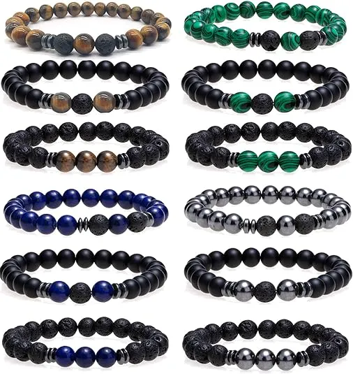 12 Pcs Gemstone Beads Stretch Bracelets For Men Women Energy Yoga Healing Matte 