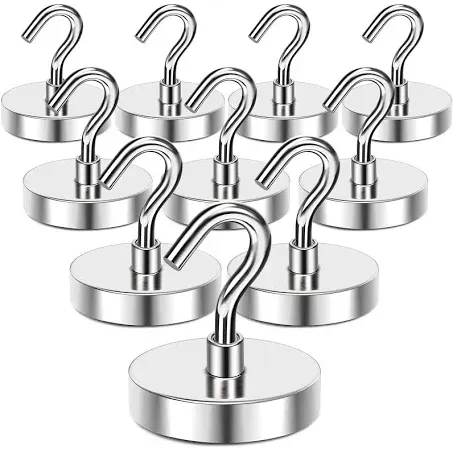 MIKEDE Magnetic Hooks Heavy Duty, 150LB+ Strong Neodymium Magnets with Hooks for Refrigerator, Large Magnetic Hooks with Epoxy Coating for Hanging, Home, Workplace - 10 Pack