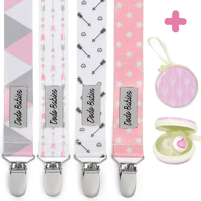 4 Pack Pacifier Clip Set, Dodo Babies Four Clips Plus Binky Case, Pink Prints