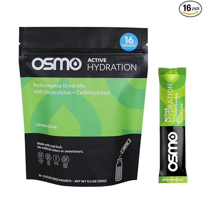 Osmo Active Hydration Electrolyte Powder - Includes Sodium, Magnesium, Potassium, Carbs & Vitamins, All Natural Ingredients, 3X Faster Hydration, Boosts Power & Endurance - 16 Packets, Lemon Lime