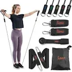 Sunny Health & Fitness Premium Resistance Band Set with Door Anchors, Wrist Straps, Handles Carry Bag Optional Padded Ankle Straps (Pair) for Strength Training, Booty Workout, Lower Body Exercises