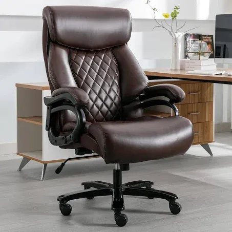 Big and Tall Office Chair 400 lbs - Executive Leather Swivel Chair with Arms, High Back Desk Chair with Adjustable Lumbar Support Heavy Duty Metal Base, Office Chairs for Heavy People (Brown)