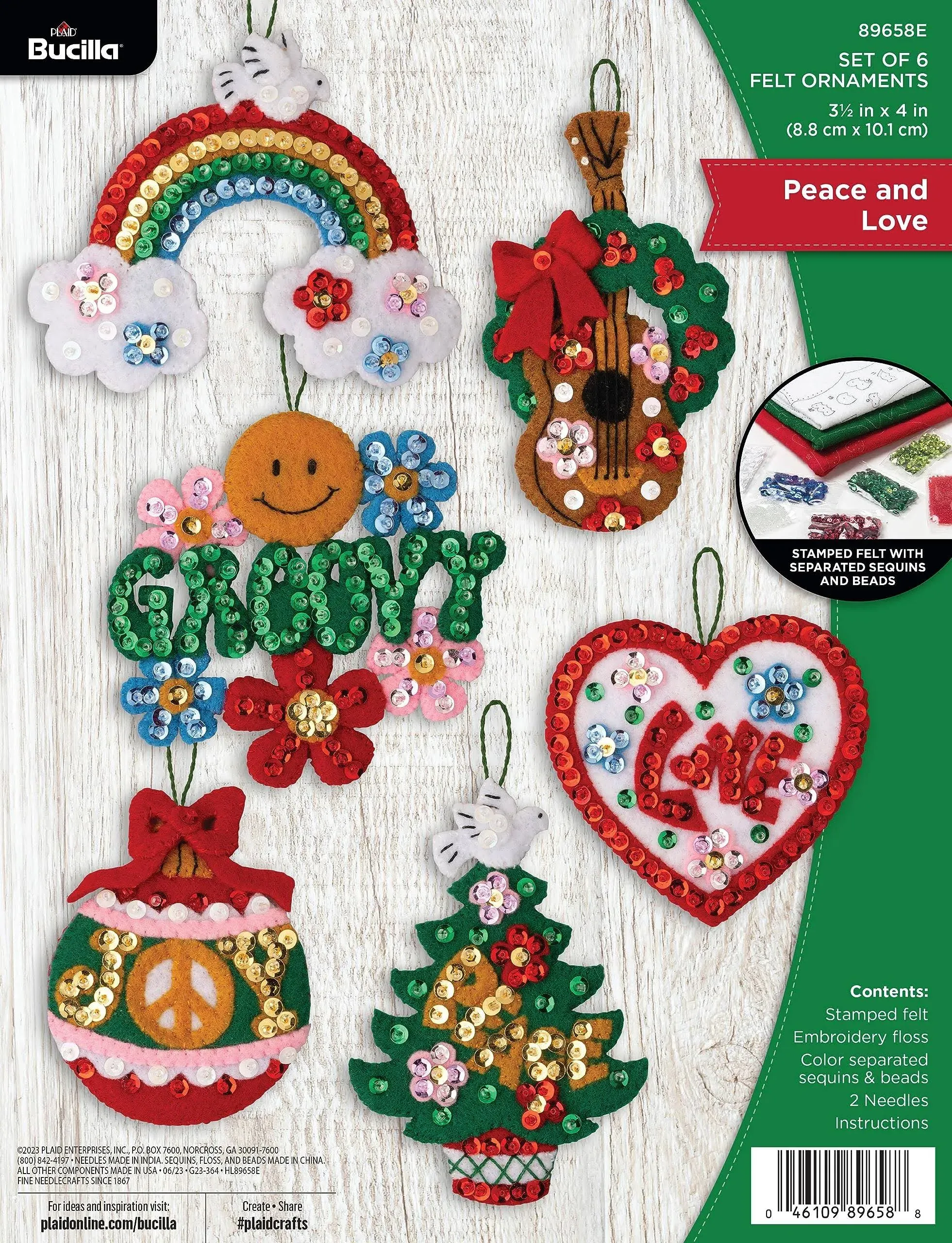 Bucilla Felt Ornaments Applique Kit Set of 6 - Peace and Love