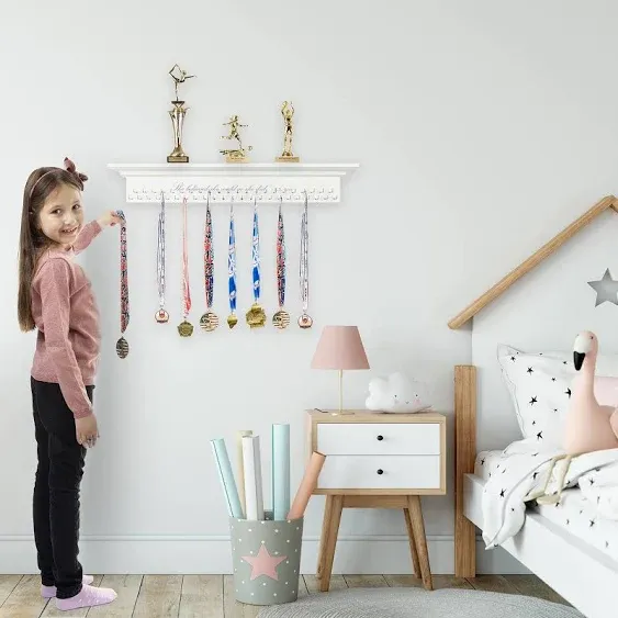 Medal Hanger & Trophy Shelf & Ribbon Holder for Girls - 3FT Simple Design Rack with Strong Hooks - Displaying Awards from Sports., White