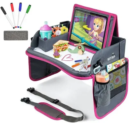 Kids Travel Tray with Dry Erase Board, Car Seat Lap for Food & Play Activity, Carseat Table Trays for Toddler, Kid Activity Desk for Air Travel, No-Drop Tablet Holder & Borders (Grey with Pink Frame)